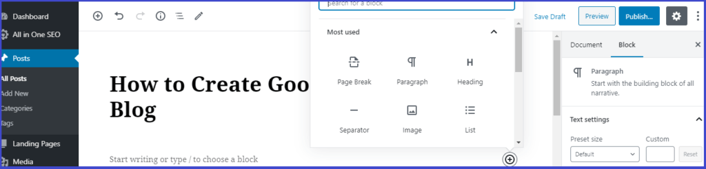 how to use gutenberg editor in wordpress-screenshot-add-new-block