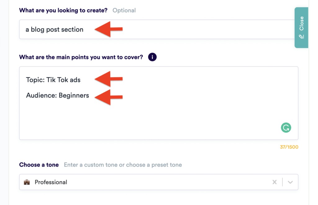 copy ai writer prompts entered