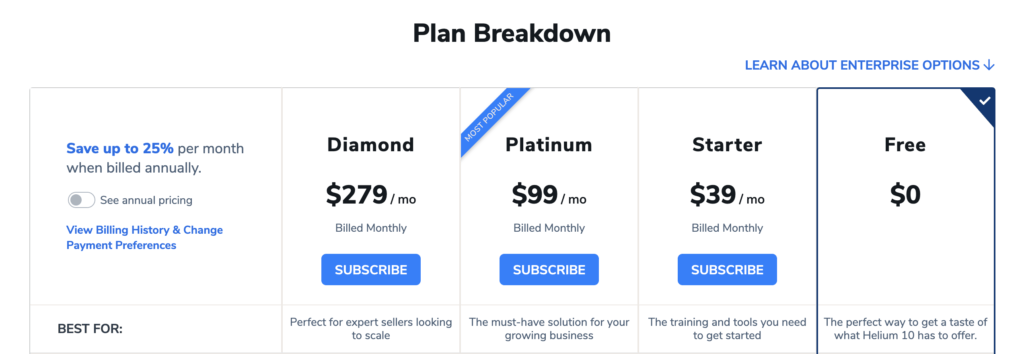 Helium 10 review_pricing plans